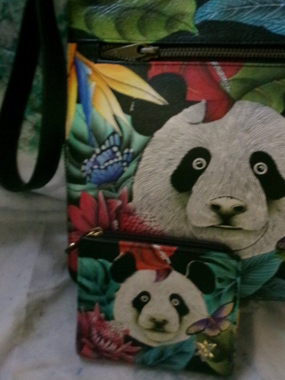 NWT SET Anuschka Leather Organizer Travel Crossbody and Wallet "Happy Panda"